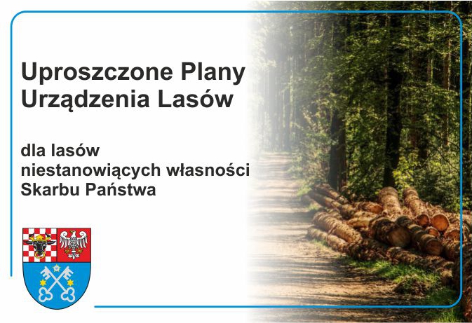 białe tło, w lewym dolnym narożniku herb powiatu krotoszyńskiego, nad nim tekst uproszczone plany urżadzenia lasów dla lasów niestanowiących własności Skarbu Państwa, z prawej strony zdjęcie lasu